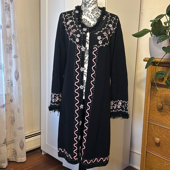 Storybook Knits Sweaters - Storybook Knits Black Long Beaded Embroidered Cardigan Size L